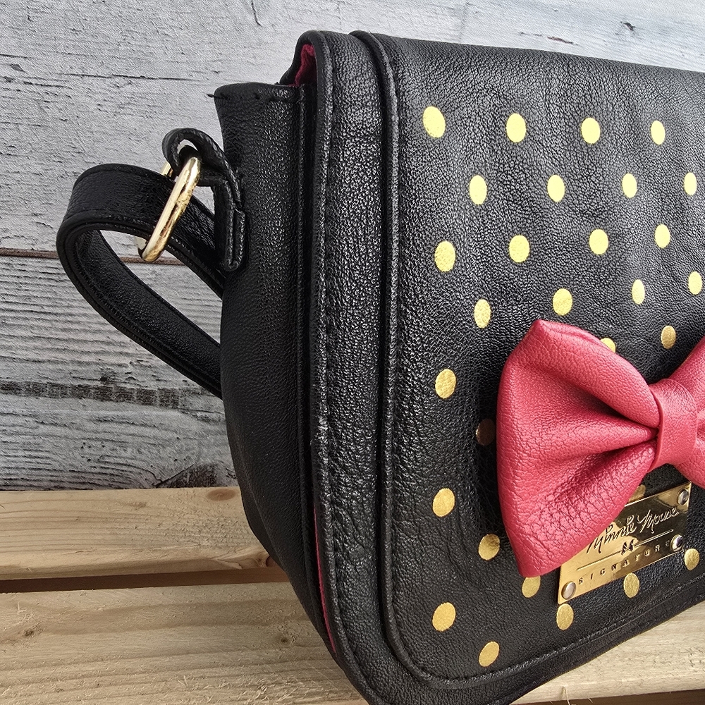 Disney Store Minnie Mouse Signature Black Faux Leather Crossbody Purse - Picture 4 of 15